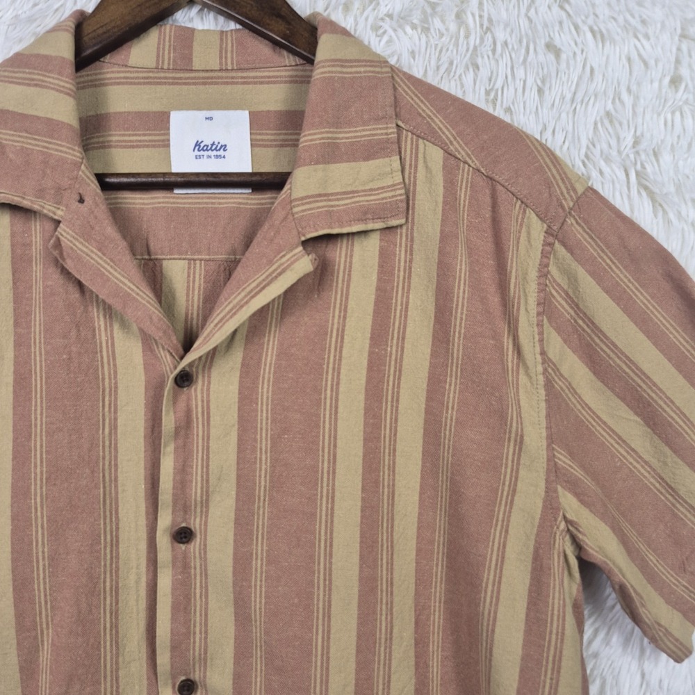 Katin Mens M Tan Linen Blend Striped Button Up Short Sleeve Resort Rustic